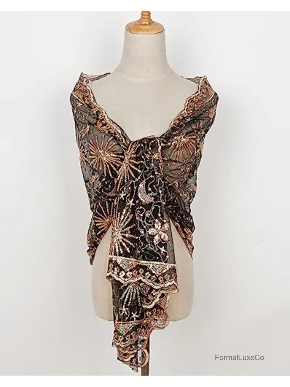 Lace Sequin Evening Shawl Wrap 1920s Fringe Scarf Women's Party Accessory